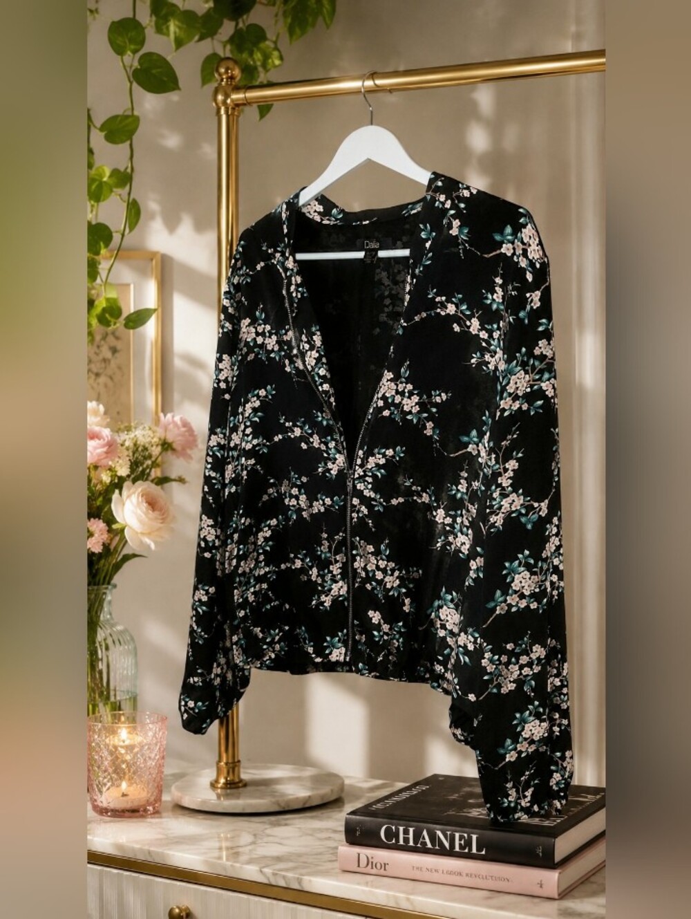 Dalia Black Satin feel Floral Bomber Jacket with Pink & Green Accents